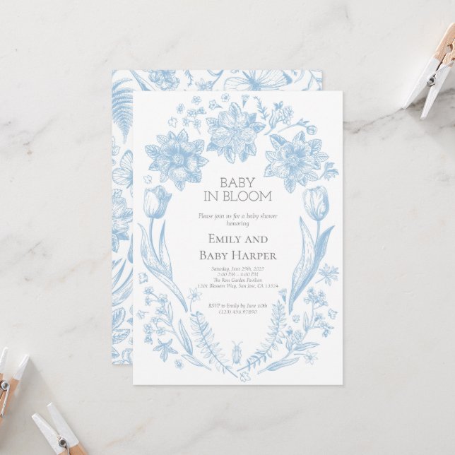 Blue Toile de Jouy Baby in Bloom Baby Shower 3 Inbjudningar (Fram/Back In Situ)
