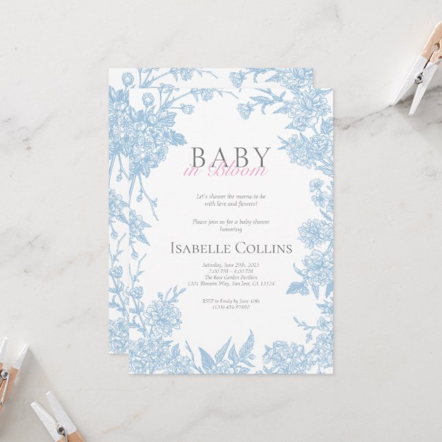 Blue Toile de Jouy Baby in Bloom Baby Shower Invit Inbjudningar (Fram/Back In Situ)