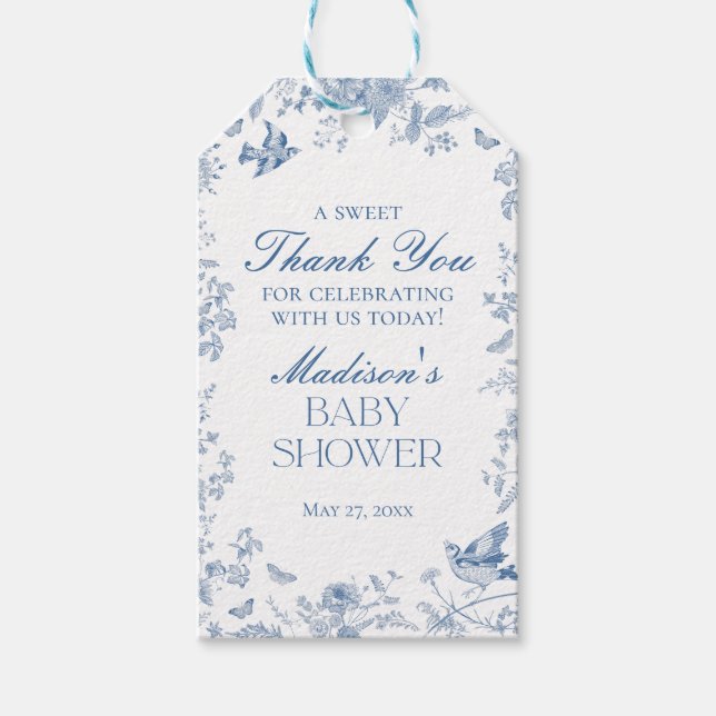 Blue Toile De Jouy Baby Shower Favors favoriter Presentetikett (Framsidan)