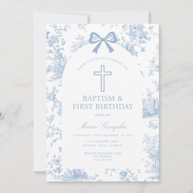Blue Toile de Jouy Baptism & First Birthday Bow  Inbjudningar (Framsida)