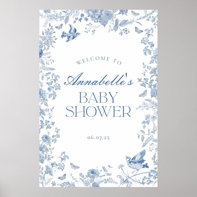 Blue Toile De Jouy Blommigt Baby Shower Välkomstsk Poster (Framsidan)