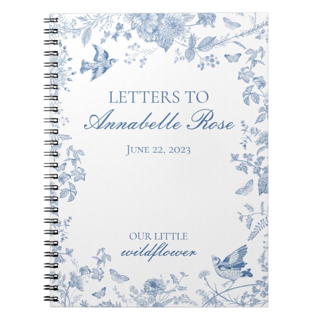 Blue Toile De Jouy Blommigt Brev till Birthday Gir Anteckningsbok (Framsidan)