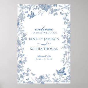 Blue Toile De Jouy Blommigt Bröllop Välkomsttecken Poster
