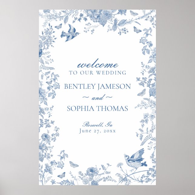 Blue Toile De Jouy Blommigt Bröllop Välkomsttecken Poster (Framsidan)