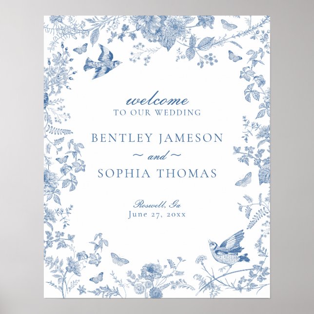 Blue Toile De Jouy Blommigt Bröllop Välkomsttecken Poster (Framsidan)