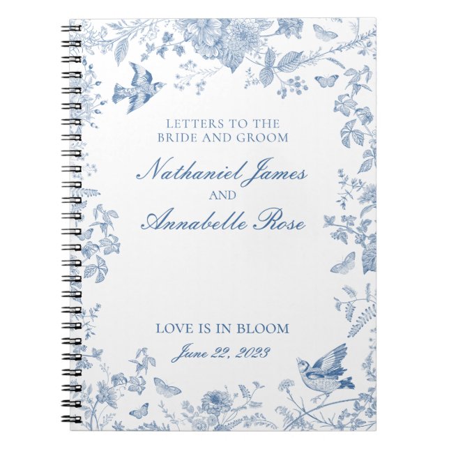 Blue Toile De Jouy Bröllop Brev Bride and Groom Anteckningsbok (Framsidan)