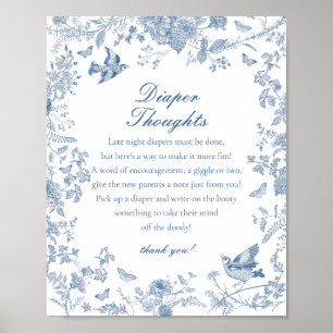 Blue Toile De Jouy Diaper Thoughts Baby Shower Poster
