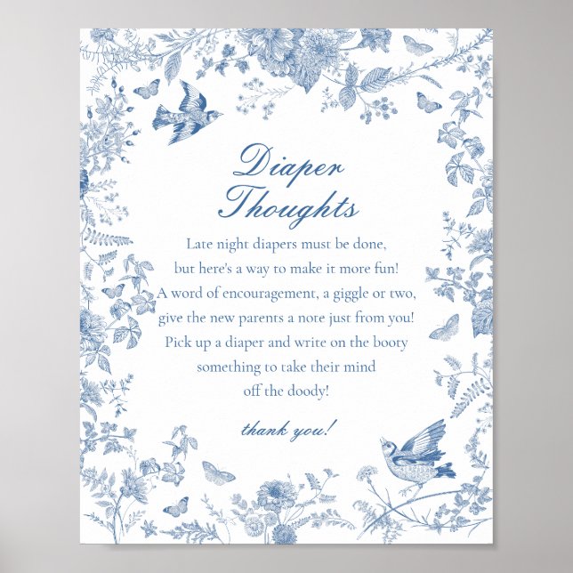 Blue Toile De Jouy Diaper Thoughts Baby Shower Poster (Framsidan)