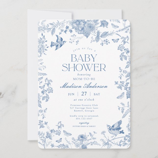 Blue Toile De Jouy Fransk Blommigt Baby Shower Inbjudningar (Framsida)