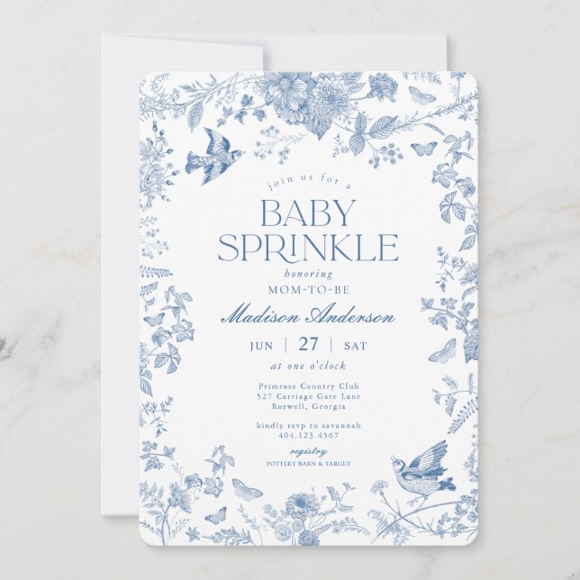 Blue Toile De Jouy Fransk Blommigt Baby Sprinkle Inbjudningar (Framsida)