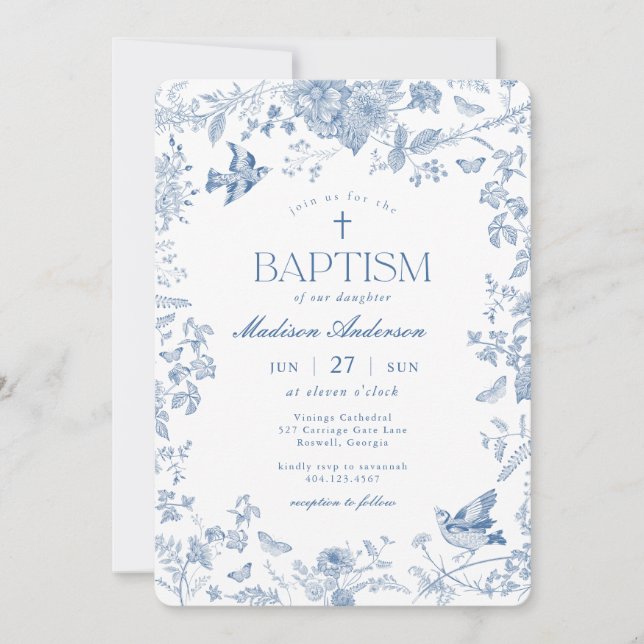 Blue Toile De Jouy Fransk Blommigt Baptism Inbjudningar (Framsida)