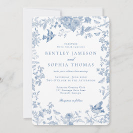 Blue Toile De Jouy Fransk Blommigt Bröllop Inbjudningar