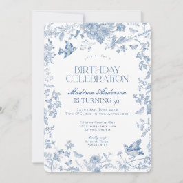 Blue Toile De Jouy Fransk Blommigt Födelsedagsfest Inbjudningar