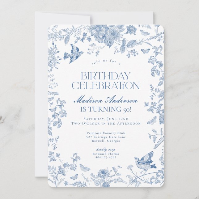 Blue Toile De Jouy Fransk Blommigt Födelsedagsfest Inbjudningar (Framsida)