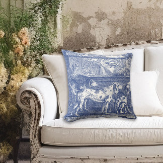 Blue Toile de Jouy Hunting Hundar på landsbygden Kudde