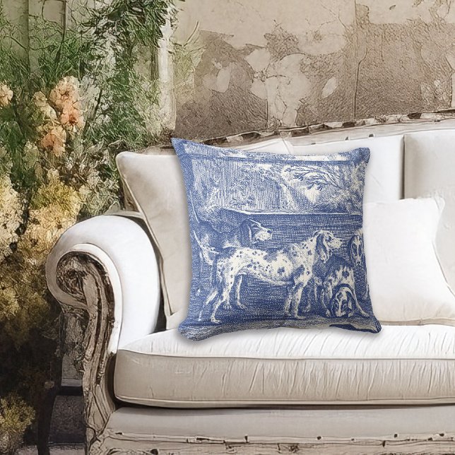 Blue Toile de Jouy Hunting Hundar på landsbygden Kudde (Image approximates the 20 inch pillow size.)