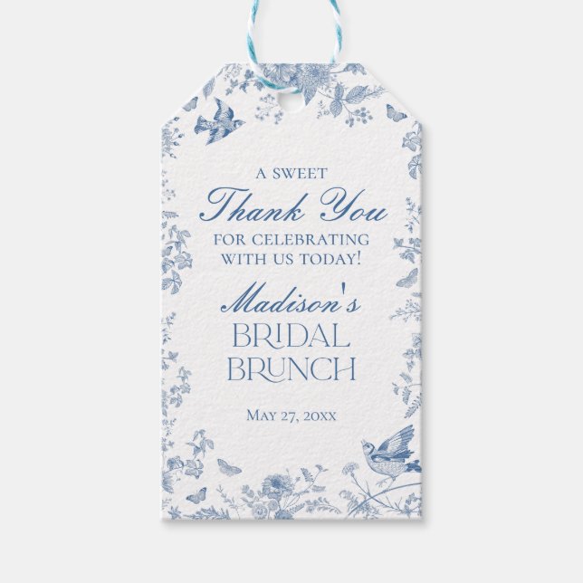 Blue Toile De Jouy Möhippa Brunch Favors Favors Presentetikett (Framsidan)