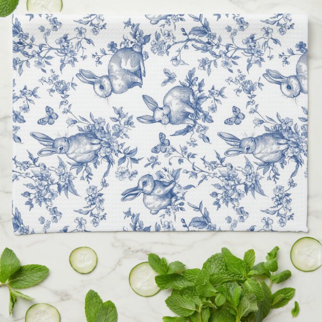 Blue Toile De Jouy Påskhare Kökshandduk (Vikta)