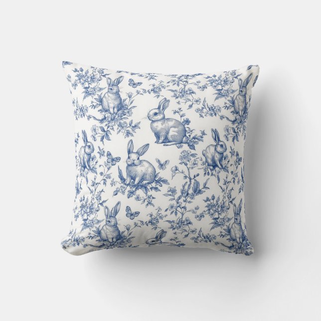 Blue Toile De Jouy Påskhare Kudde (Framsida)