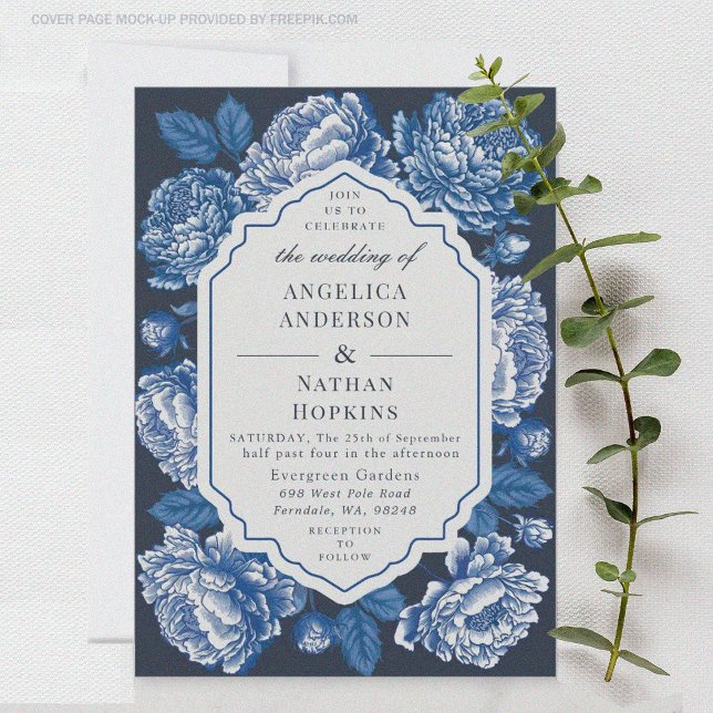 Blue Toile De Jouy Peony-inbjudan Blommigt Bröllop Inbjudningar (Skapare uppladdad)