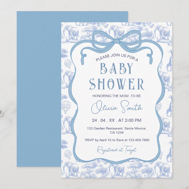 Blue Toile De Jouy Safari Animals Bow Baby Shower Inbjudningar (Fram/baksida)