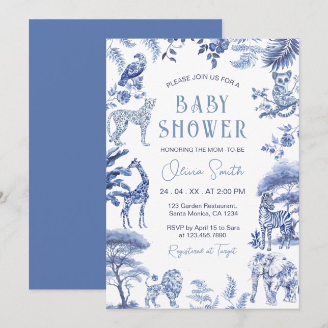 Blue Toile De Jouy Safari Animals Boy Shower Inbjudningar (Fram/baksida)