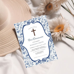 Blue Toile de jouy Tea First Heliga Communion Inbjudningar