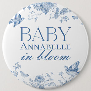 Blue Toile De Jouy Vintage Blommigt Baby Shower Knapp