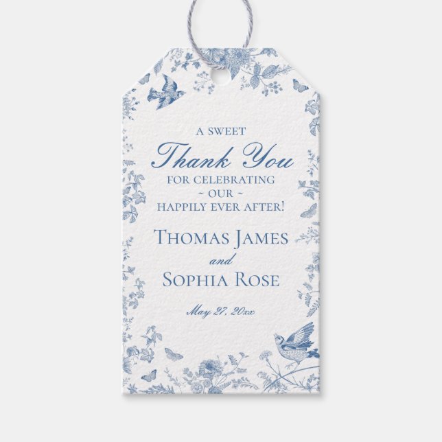 Blue Toile De Jouy Weddin Party favors Presentetikett (Framsidan)