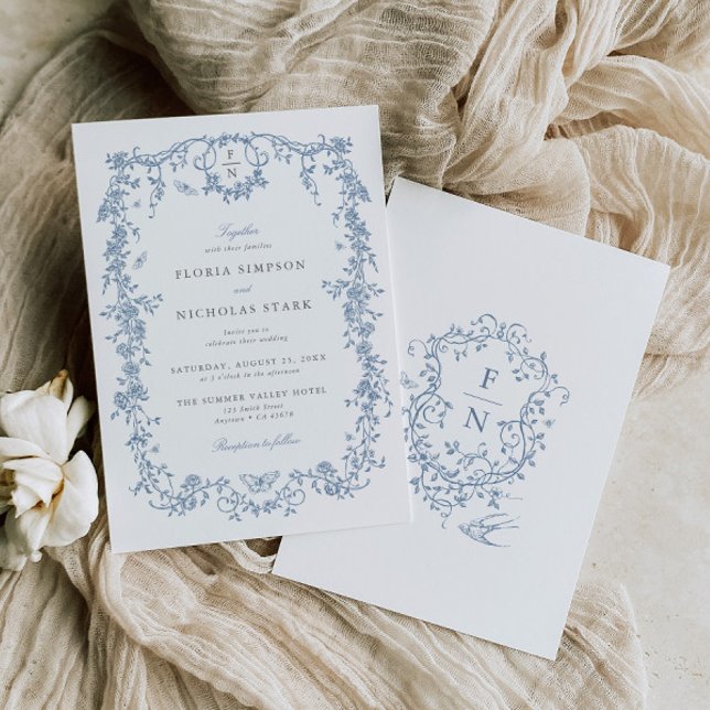 Blue Toile De Jouy Wedding Investigation Chinoiser Inbjudningar (Skapare uppladdad)