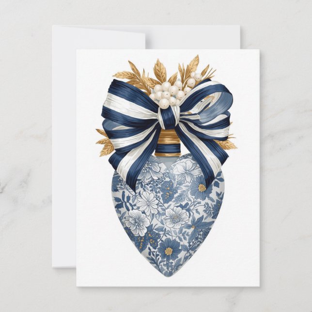 Blue Toile Floral Heart Navy Stripe Bow Julkort (Framsida)