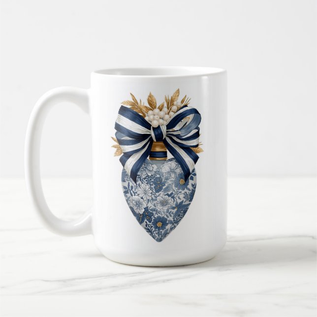 Blue Toile Floral Heart Navy Stripe Bow Kaffemugg (Vänster)