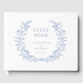 Blue Toile Floral Wreath Wedding Guest Book Gästböcker