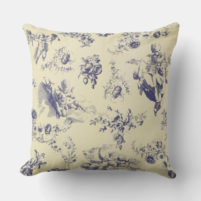 Blue Toile Fransk Land Cherub Mönster Kudde (Framsida)