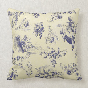 Blue Toile Fransk Land Cherub Mönster Kudde