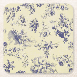 Blue Toile Fransk Land Cherub Mönster Underlägg Papper Kvadrat