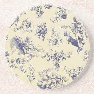 Blue Toile Fransk Land Cherub Mönster Underlägg Sandsten