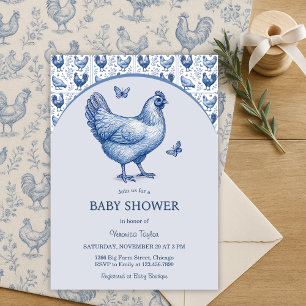 Blue Toile Fransk Land Chicken Baby Shower Inbjudningar