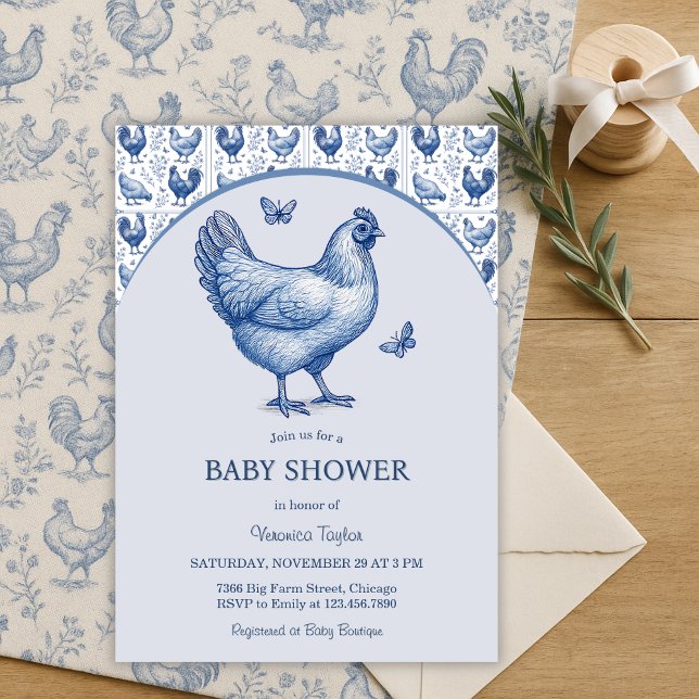 Blue Toile Fransk Land Chicken Baby Shower Inbjudningar (Blue Toile Hen Baby Shower French Country Farmhouse Chic)