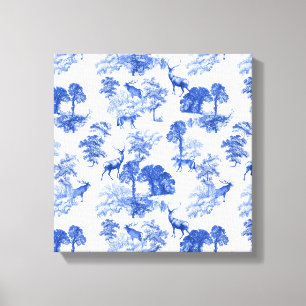 Blue Toile Hjort Fox Forest Mönster Canvastryck
