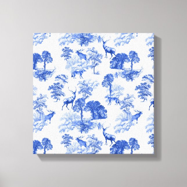 Blue Toile Hjort Fox Forest Mönster Canvastryck (Framsida)