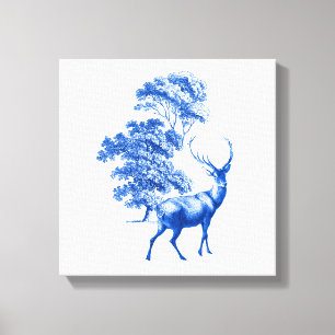 Blue Toile-Hjorten i skogen Canvastryck