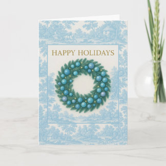 Blue Toile Holiday Card with Winter Wreath Kort