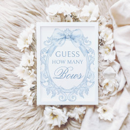 Blue Toile How Many Bows Baby Shower Games Sign Inbjudningar