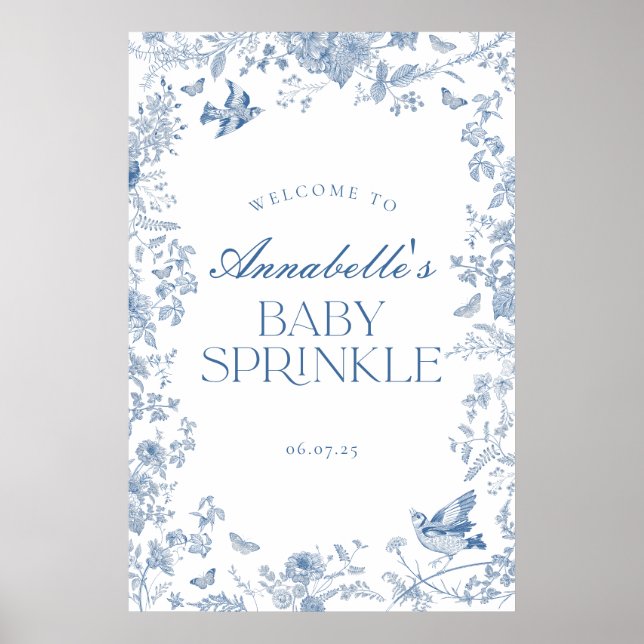 Blue Toile Jouy Blommigt Baby Sprinkle Välkomsttec Poster (Framsidan)