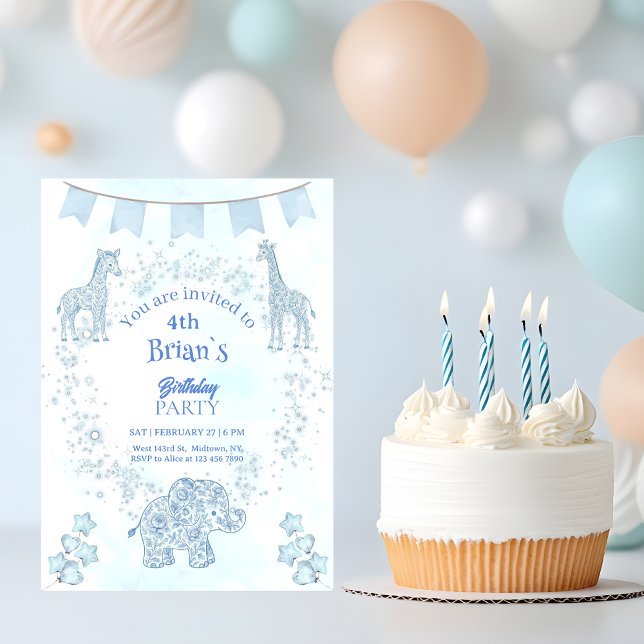  Blue Toile Jungle Animals Kids Birthday Inbjudningar (Skapare uppladdad)