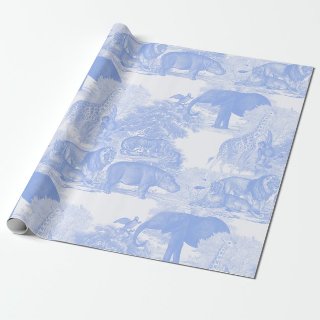 Blue Toile Jungle Animals Safari Chinoiserie Presentpapper (Utrullad)