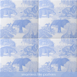 Blue Toile Jungle Animals Safari Seamless Mönster Kakelplatta