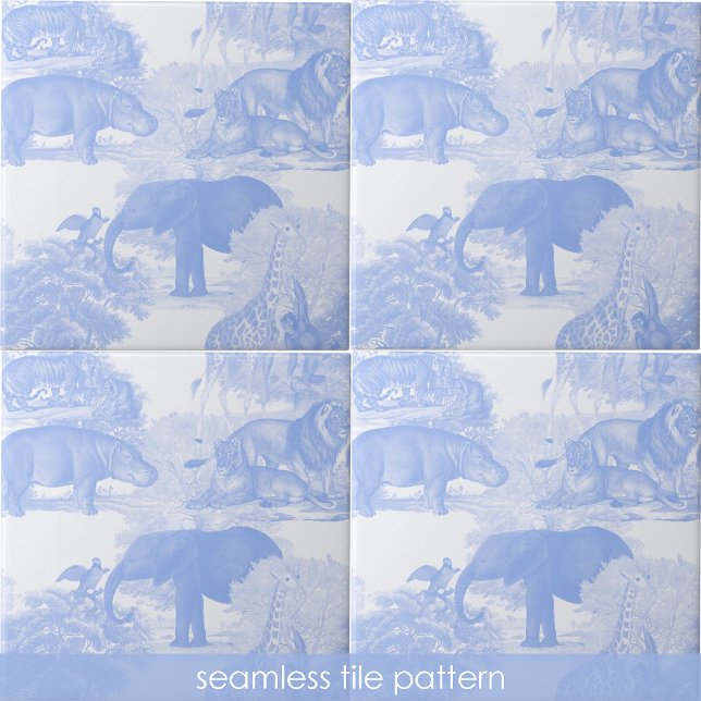 Blue Toile Jungle Animals Safari Seamless Mönster Kakelplatta (Blue Toile Jungle Animals Safari Seamless Pattern Ceramic Tile)