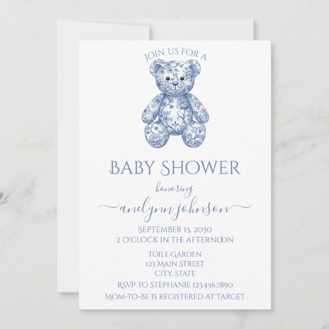 Blue Toile Nalle Boy Baby Shower Inbjudningar (Framsida)